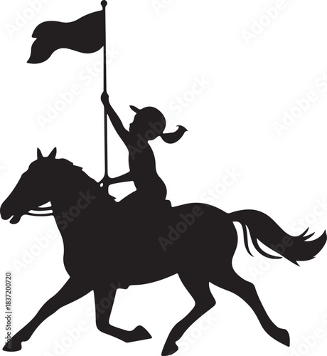 Silhouette of a woman on horseback holding a flag aloft
