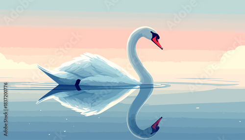 Graceful white swan floating on calm water with a perfect reflection under a serene pastel sky.