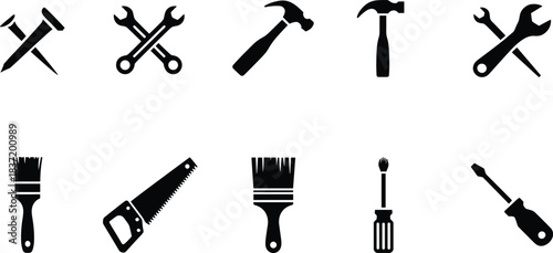 Black silhouette icons of construction and repair tools including hammer, wrench, screwdriver, paint brush, and saw vector illustration