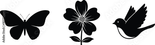 Nature silhouette set with butterfly, flower and bird icons for eco design, biodiversity themes, tattoo art and vector decoration