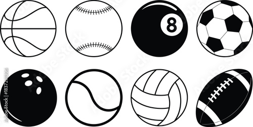 Set of Eight Black and White Sports Balls Vector Icons Including Football, Basketball, Soccer, Tennis, Volleyball, Baseball, Bowling, Billiard
