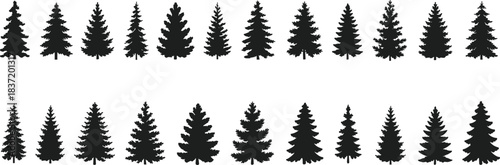 Set of black silhouette pine tree icons collection, evergreen forest elements, fir and spruce tree shapes for nature design illustration