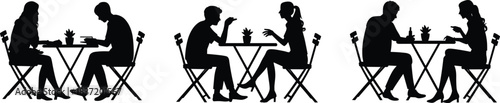 Silhouettes of People Sitting at Tables, Engaged in Conversation, Social Interaction, Café Meeting, Communication, Body Language, Connection, and Dialogue