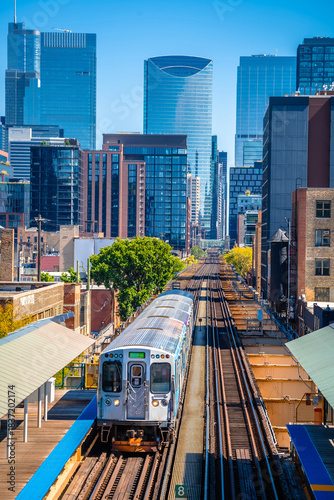 Chicago, USA. Chicago L elevated rapid transit system station and train view
