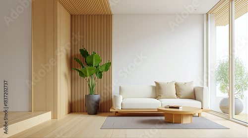 木製のルーバー壁と白いソファがあるモダンで明るいリビングルームのインテリア