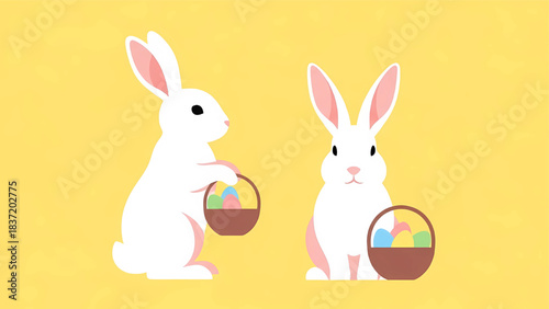 Two white Easter bunnies holding baskets with colorful painted eggs against a bright yellow background in a flat design style.