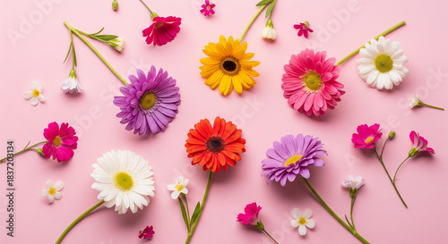 Floral Symphony on Pink: A vibrant composition of diverse blossoms, each petal a burst of color against a soft pink backdrop, celebrating nature's artistry and the essence of spring.