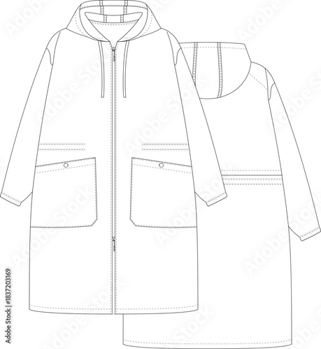 Trench Coat flat sketch technical drawing front and back view