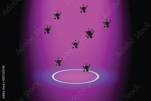 Purple Spotlight Beam With Black Splatters And Glowing Circle abstract background