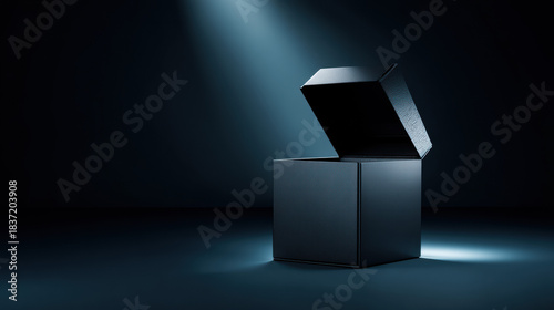 A black box with a slightly opened lid is dramatically illuminated by a single spotlight against a dark backdrop, creating an atmosphere of mystery and intrigue.