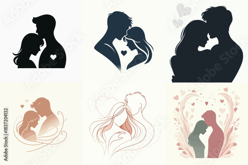 Silhouette of a couple in love. Valentine's theme. Vector, minimalist, illustration, icon set.