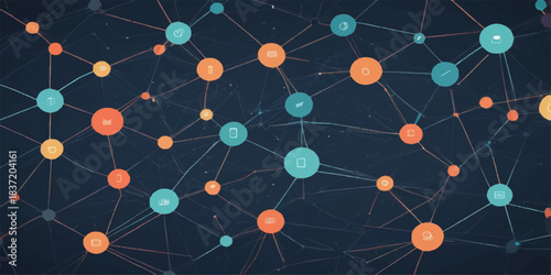 Abstract network connection pattern with colorful nodes and digital linking lines illustration