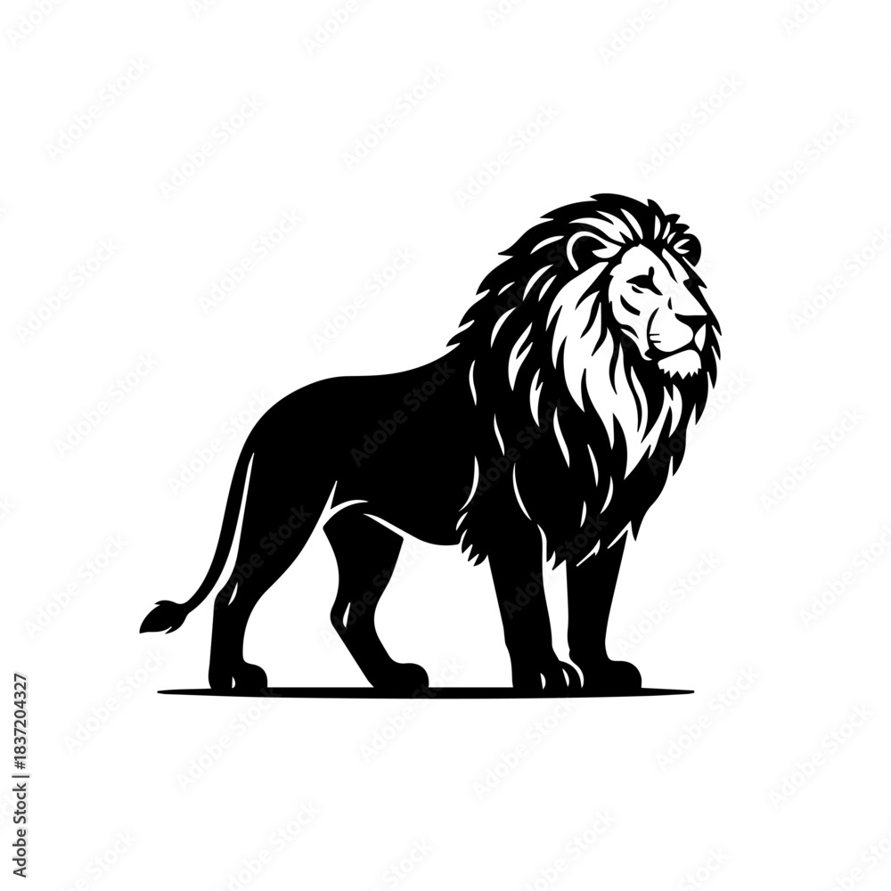 Obraz premium A striking black and white vector illustration of a majestic male lion in a proud, standing pose, showcasing its powerful build and impressive, flowing mane.