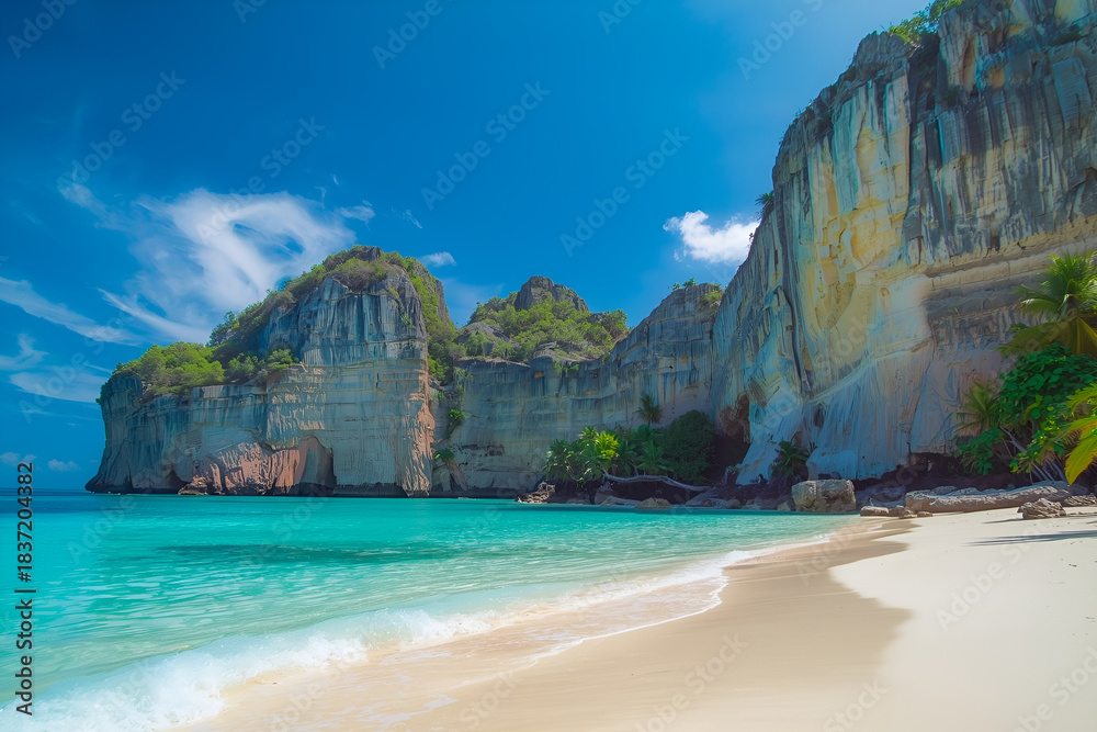 Obraz premium A stunning tropical beach scene featuring pristine white sand, crystal-clear turquoise ocean water, and gentle waves. The background is dominated by dramatic, steep limestone (karst) cliffs under a br