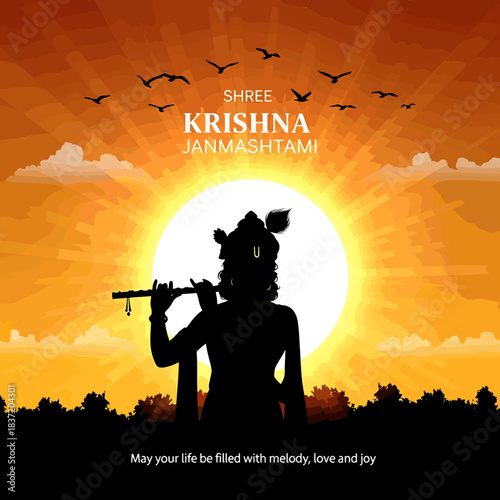 Silhouette of Lord Krishna playing flute at sunrise with birds flying, Janmashtami celebration illustration