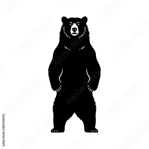 A powerful black and white vector illustration of a bear standing upright on its hind legs, facing forward. The bold silhouette design highlights its strength, thick fur, and detailed face.