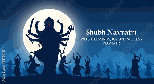 Shubh Navratri Celebration With Goddess Durga Silhouette And Dancing Devotees Under The Full Moon