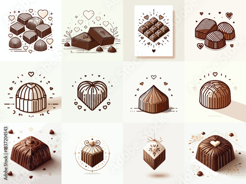 Praline chocolate icon, Soft Pastel, Candy Color, Elegant Gold Accent, Minimal Monoline. Valentine icon. Vector, minimalist, illustration, icon set.