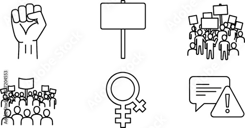 Set of six protest symbols including a raised fist, protest sign, crowd with signs, female symbol, and speech bubble with warning sign