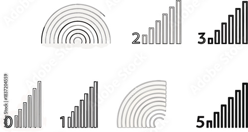 Set of signal strength icons and rainbow arcs, representing communication, Wi-Fi, and connectivity levels, isolated on white.
