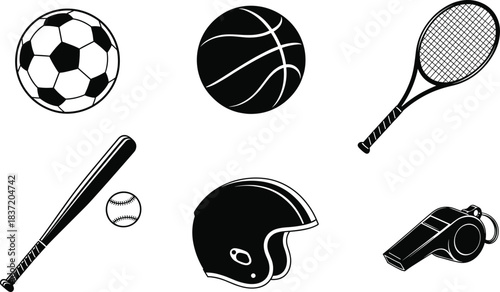 Set of black and white vector icons featuring popular sports equipment including ball, bat, helmet, whistle, and tennis racket.