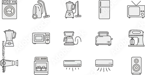 Set of Home Appliances Icons Isolated on White Background, Clean Line Art Style for Modern Design