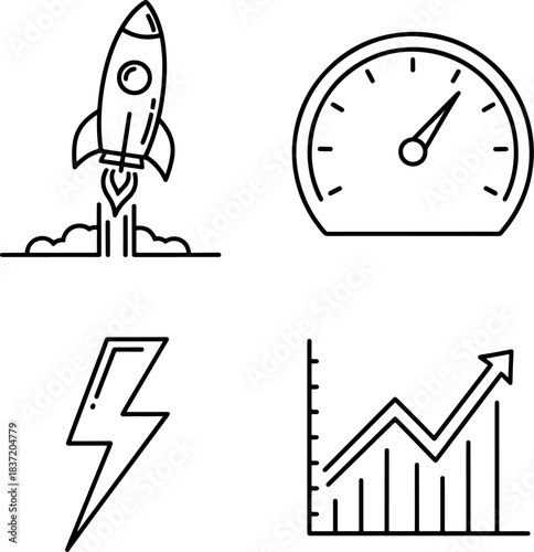 Set of four startup business growth icons including a rocket launch, speedometer, lightning bolt, and upward trending graph