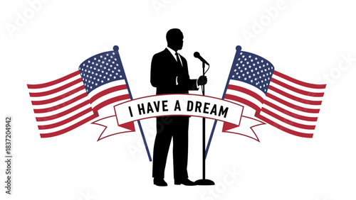 Man speaking at podium with American flags and "I Have a Dream" banner  