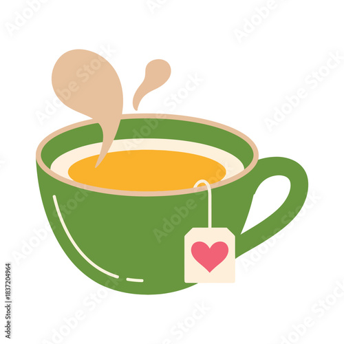 A steaming cup of tea with a heart-shaped tag on the tea bag