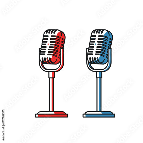 Vintage microphones in red and blue colors on white background  