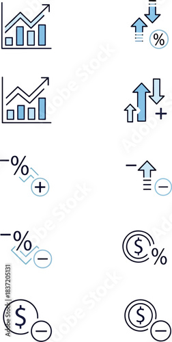 Set of business finance icons including bar charts, rising and falling arrows, percentage symbols, and dollar coins representing growth and decline