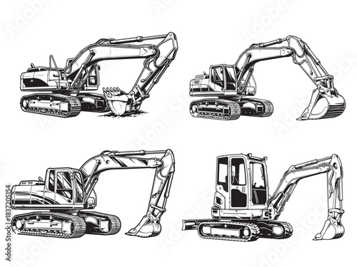 Excavator set of illustration black and white 