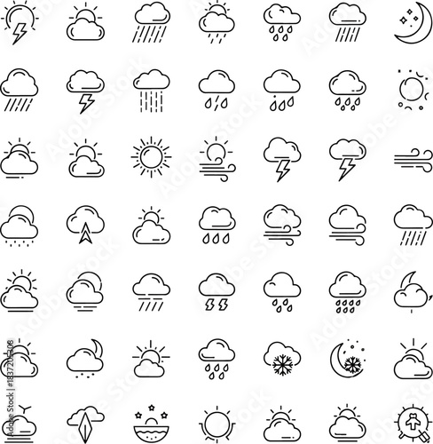 Collection of Weather Icons Featuring Sun, Clouds, Rain, Lightning, Snow, Wind, and Moon Symbols for Forecasting
