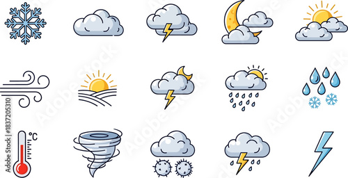 Collection of Weather Icons and Symbols Representing Various Meteorological Conditions and Phenomena, Featuring Snowflake, Cloud, Lightning, Moon, Sun, Wind, Rain, Snow, Thermometer, and Tornado