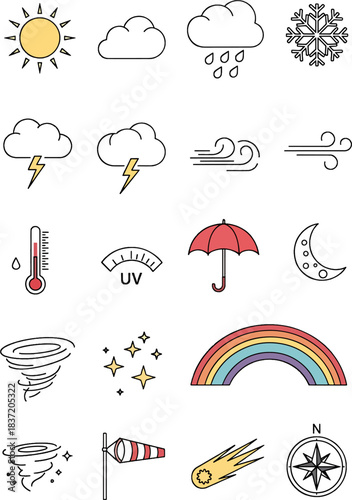 Collection of Weather Icons and Symbols for Forecasting and Meteorology Isolated on White Background, Vector Illustration