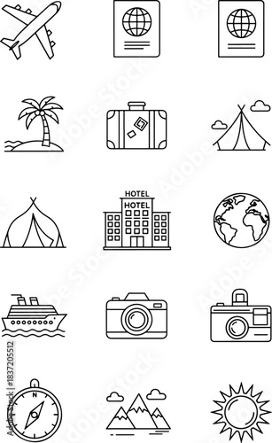 Collection of travel icons airplane passport suitcase tent hotel building globe cruise ship camera compass mountains sun