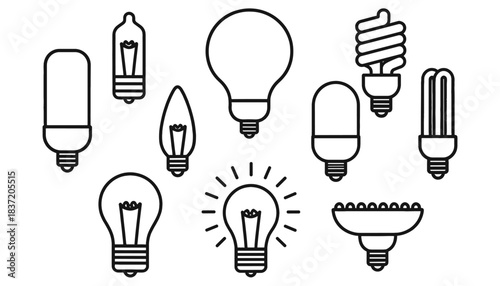 Set of Black Outline Icons Illustrating Various Types of Light Bulbs, Including Incandescent, LED, Fluorescent, CFL, and Energy Saving Lamps, Representing Ideas and Electricity.