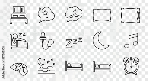 Collection of sleep icons including bed pillow moon stars Zzz eye alarm clock and music note line art vector illustration