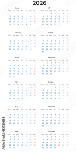Year 2026 calendar planner with all months and dates displayed