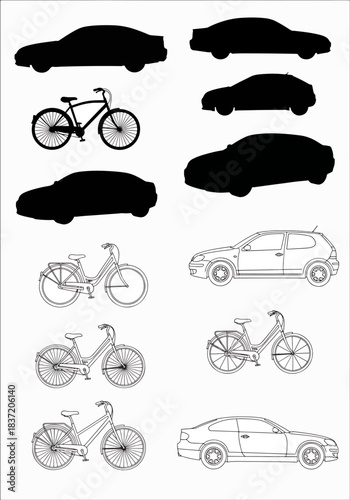 Collection of Silhouette and Line Art Cars and Bicycles on a White Background for Design