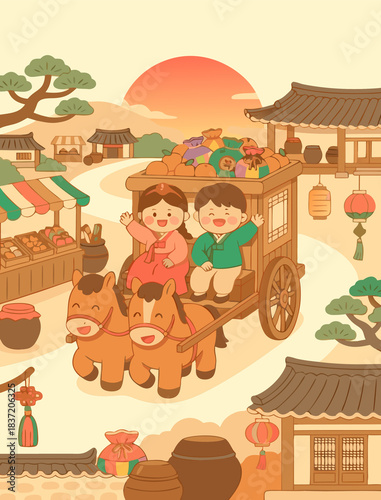 Hand-Drawn Korean Traditional Village Kids and Horse Cart Illustration