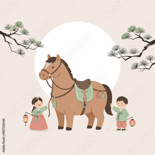 Hand-Drawn Korean Kids with Horse and Lantern Illustration