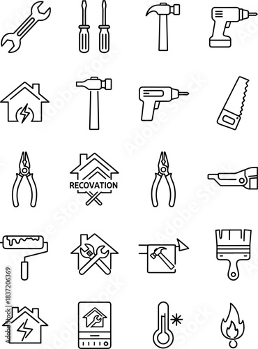 Collection of renovation and construction tools and symbols for home improvement and repair services, vector icons