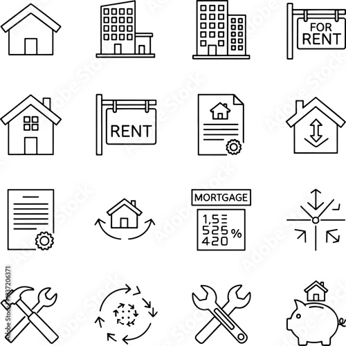Collection of Real Estate Icons Featuring Houses, Buildings, Rent Signs, Documents, and Financial Symbols