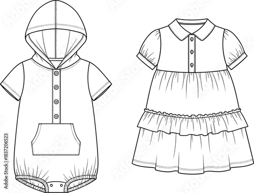 adorable hooded romper bodysuit and sweet ruffled collar dress CAD vector illustration, childrenswear apparel design.