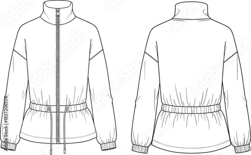 chic high neck puff sleeve dress, stylish zip-up jacket, and high waist paperbag shorts CAD vector illustration.