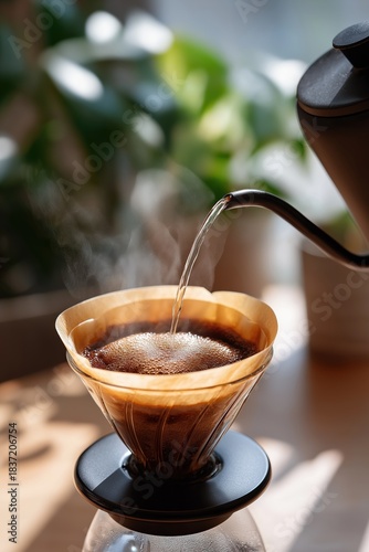 Steaming hot coffee pour over in sunlit kitchen setting