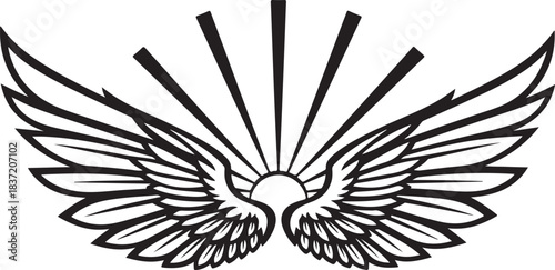 Stylized Wings and Sun Rays Icon on White Background Keywords: wings, angel, freedom, hope