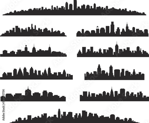 Set of black city skyline silhouette icons featuring diverse architectural styles, famous buildings, and urban landscapes for global vector illustration use.