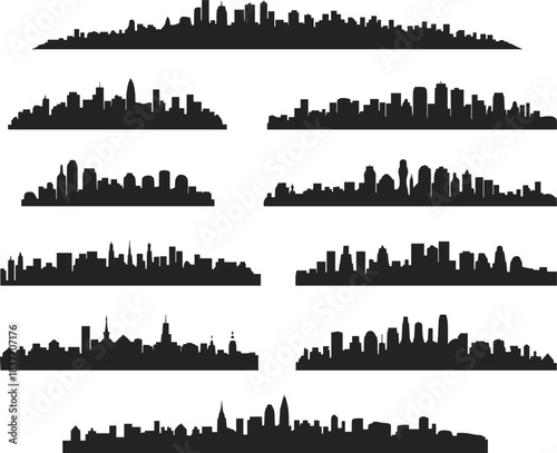 Set of black city skyline silhouette icons featuring diverse urban architecture, famous buildings, and metropolitan landscapes for vector design use.
